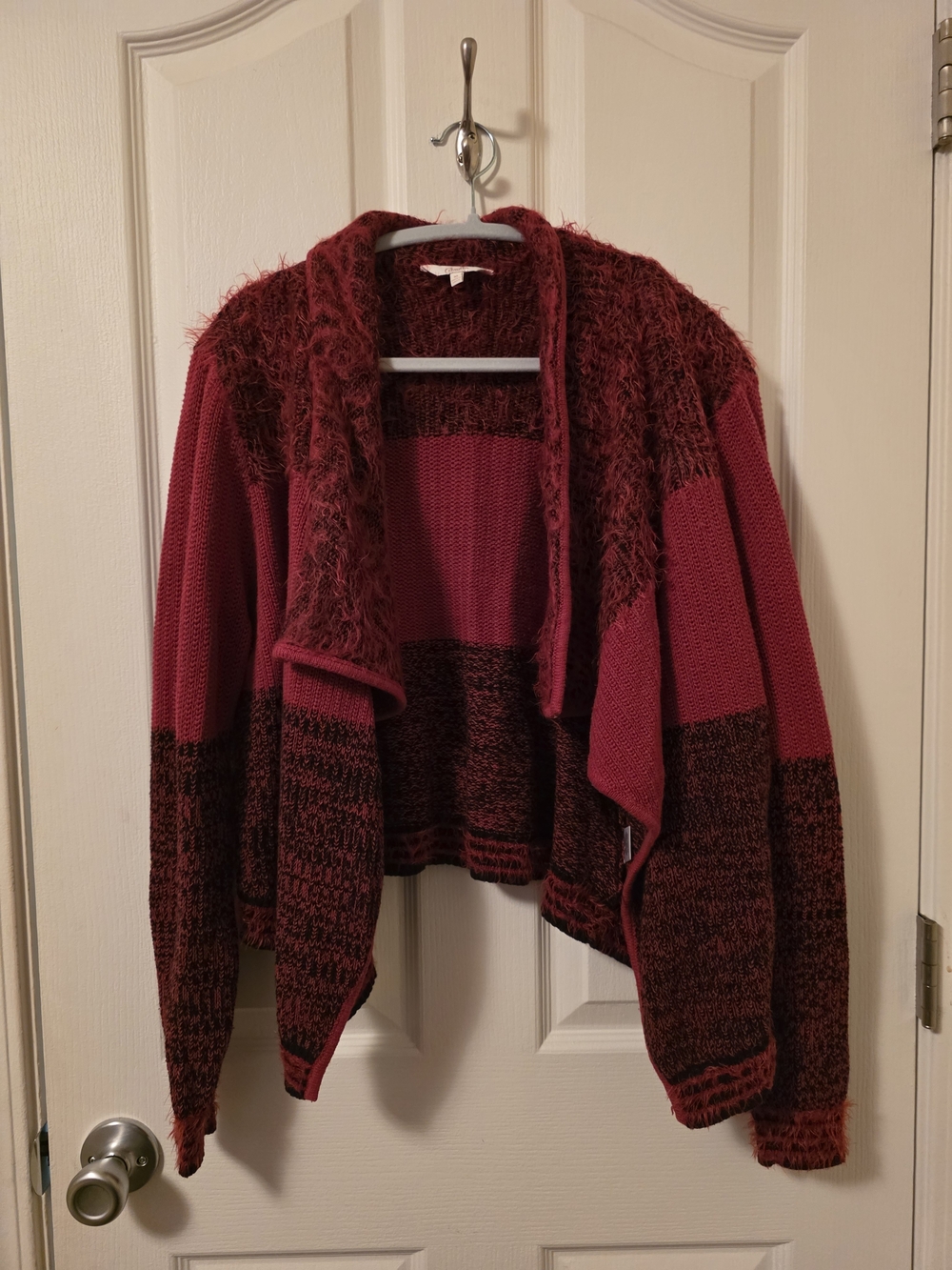 Candie's Two-Tone Red Open-Front Knit Cardigan